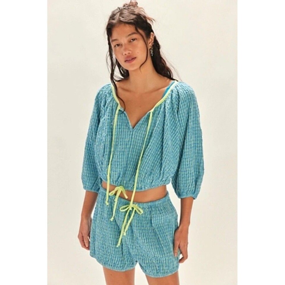 Free People Free-est Clara Plaid Blouse Top Seersucker Gingham Blue XS 284115